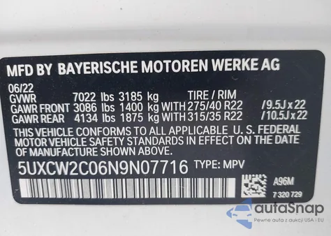 2022 BMW X7 xDrive40I from USA, damaged, VIN 5UXCW2C06N9N07716